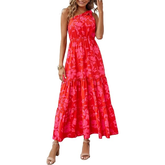 Womens 2024 Floral Knot One Shoulder Sleeveless Ruffle Boho Dress
